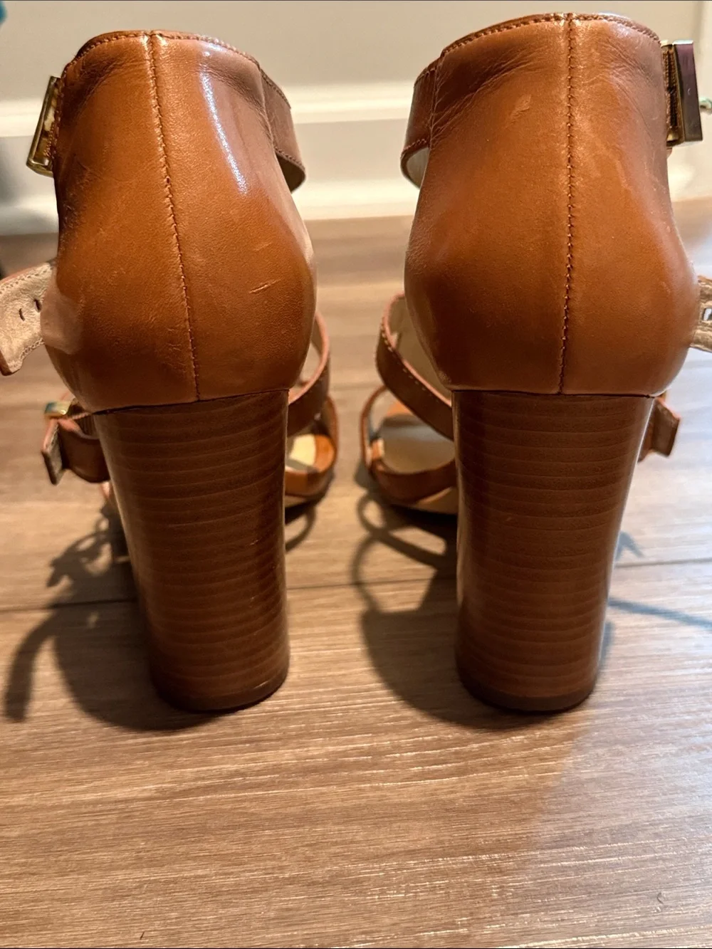 Michael Kors Tan Leather Ankle-Strap Heels with Gold Buckles
